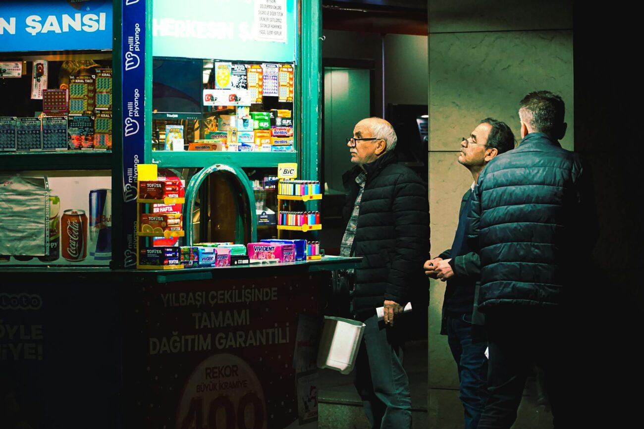 evening lottery stand with customers